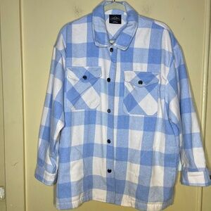 Flannel Gingham Light Blue and White Plaid Men's Button-Up Sweater Jacket